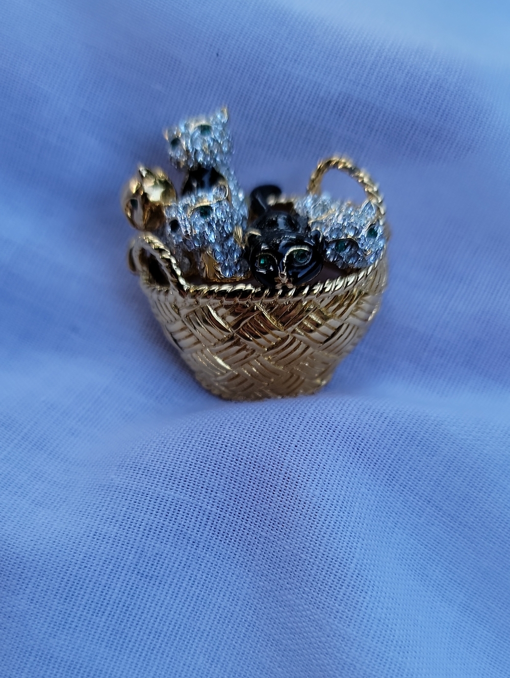 Vintage Carolee Gold-Tone Basket Brooch with Black and Clear Accent Kitties